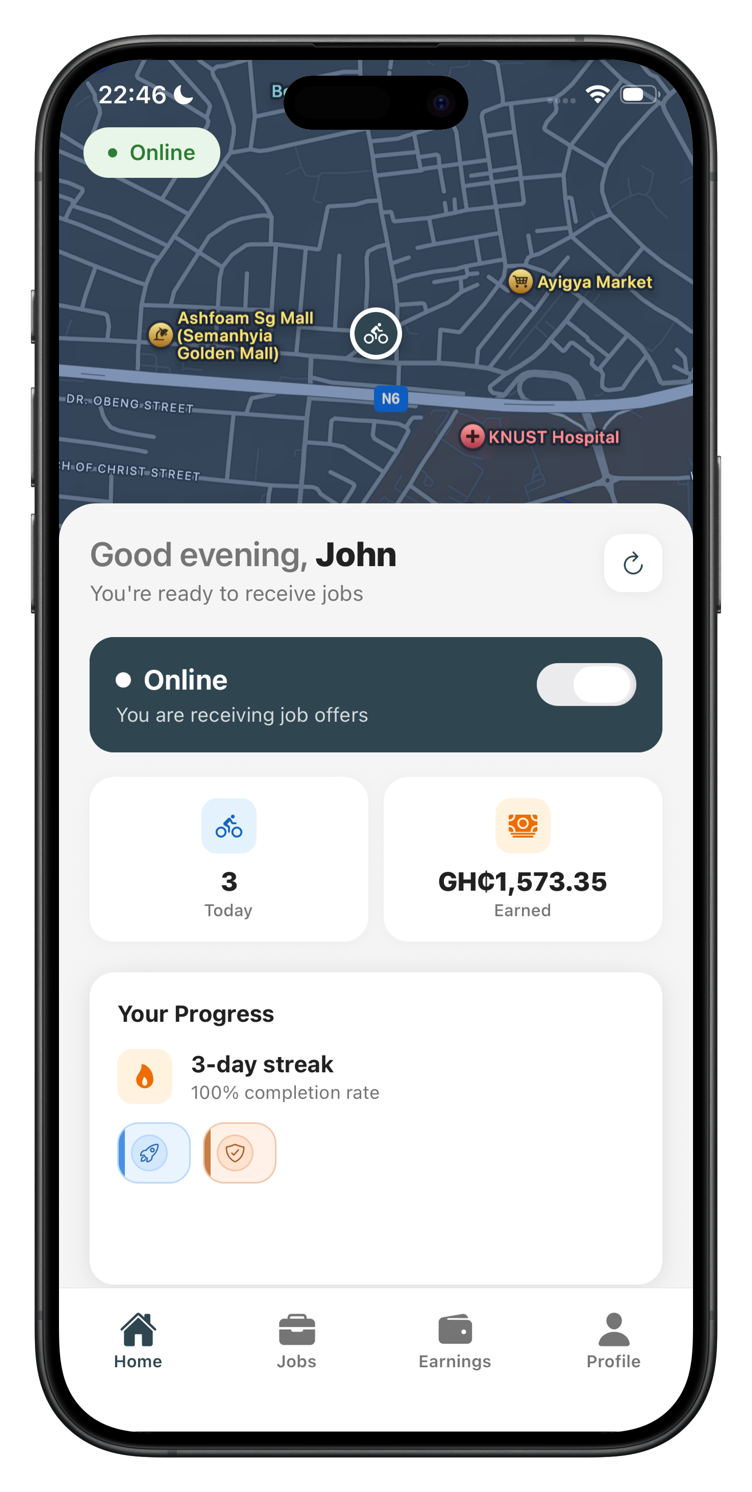 Kova rider app active delivery screen